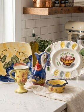 Yellow & Blue Hand-Painted Ceramic Set - Decor Or Serving